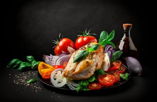Chicken baked with vegetables studio photo of products, dark black background. Generative AI,
