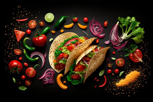 tacos from Mexico with salsa, veggies, and meat. Generative AI,