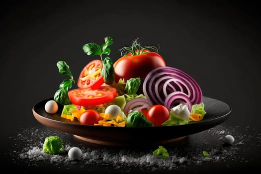 salad vegetable studio photo of products, dark black background. Generative AI,
