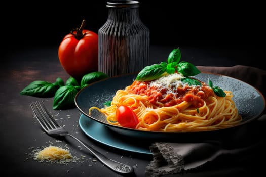 Spaghetti classic Italian pasta with tomatoes and cheese. Generative AI,