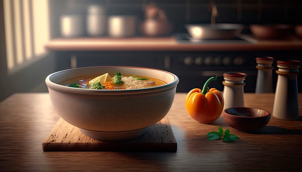 a bowl of hong kong style soup on the table in the kitchen during the day. Generative AI,