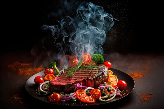 beef steak, product studio photo, dark black background, fresh tomato salad with onion, Generative AI illustration,