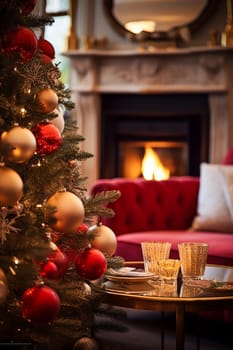 Christmas, holiday decor and country cottage style, cosy atmosphere, decorated Christmas tree in the English countryside house living room with fireplace, interior decoration idea