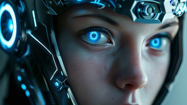 A close up of a woman wearing futuristic looking armor and blue eyes