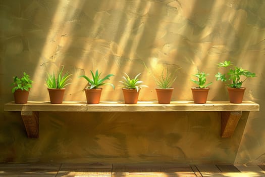 A shelf with five potted plants on it in a sunlit room