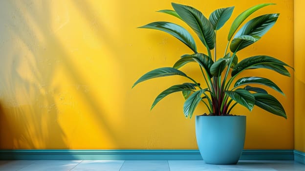 A large plant in a blue vase on the floor next to yellow wall