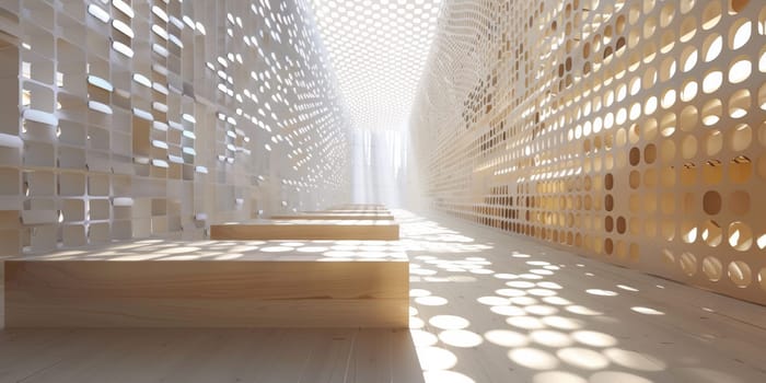 A long hallway with white dots on the wall and benches