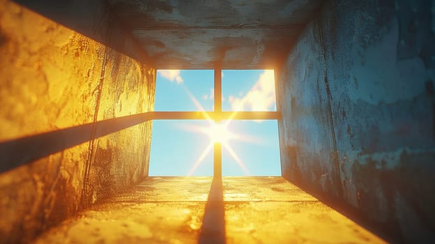 A window in a concrete wall with the sun shining through