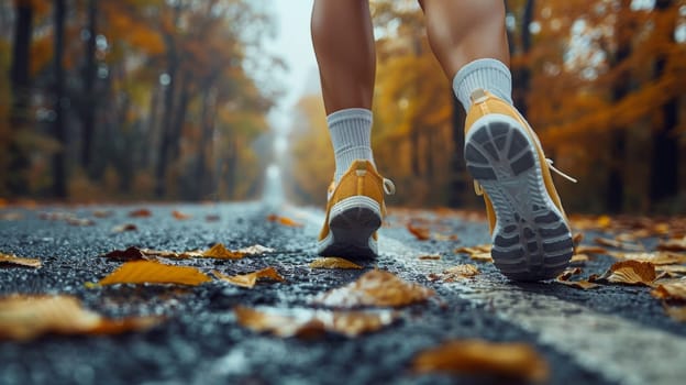 A person wearing yellow and white sneakers walking on a road with leaves