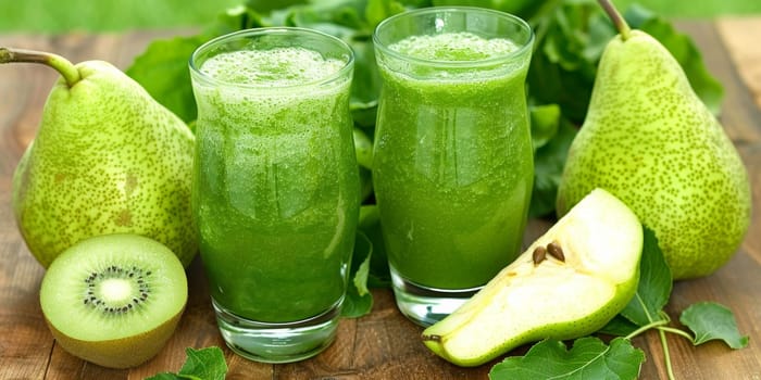 Two glasses of green juice with kiwi and pears on a table