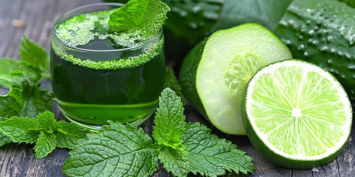 A glass of a green drink with slices and leaves