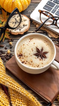 A cup of coffee with an star on top sitting next to a laptop