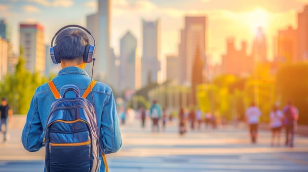A man with backpack listening to music on headphones in a city