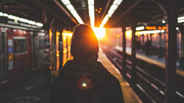 A person standing in a subway station at the end of rush hour