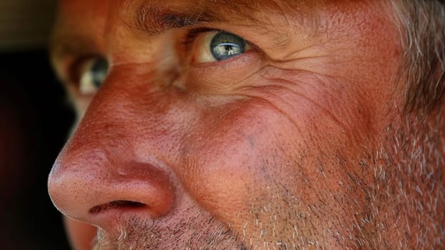 A close up of a man with brown hair and beard
