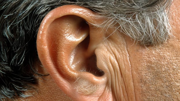 A close up of a man's ear with some hair on it