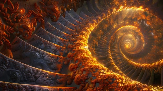 A spiral staircase with orange flames and gold designs