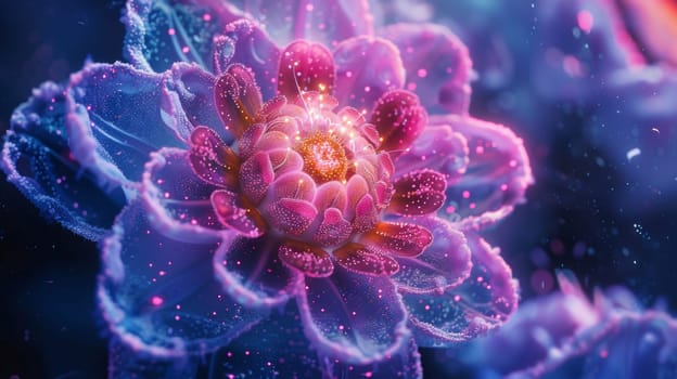 A close up of a purple flower with pink petals