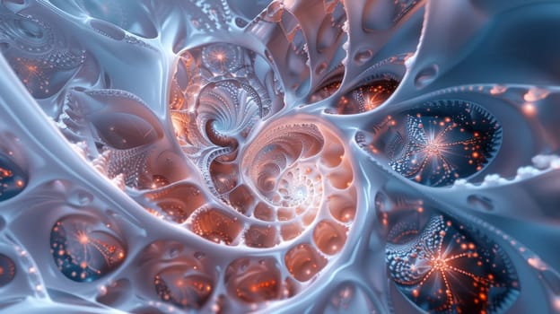 A computer generated image of a spiral design with orange and blue colors