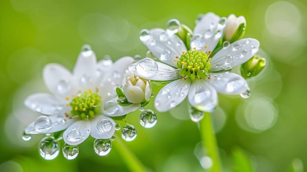 Two white flowers with water droplets on them are shown