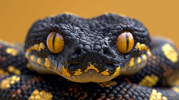 A close up of a black and yellow snake with big eyes