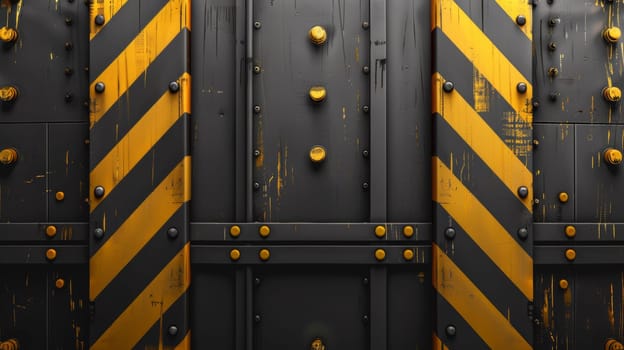 A close up of a black and yellow striped door with rivets
