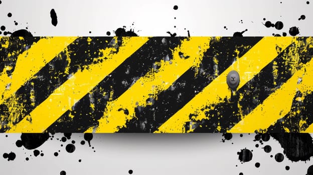 A black and yellow striped warning sign with splatters of paint