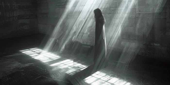 A black and white photo of a tall pillar in an empty room