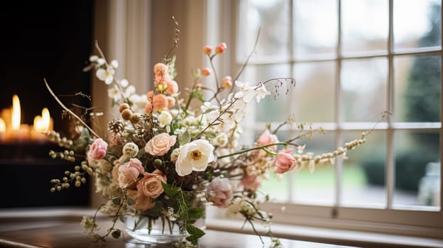 Beautiful floral arrangement with winter, autumn or early spring botanical plants and flowers