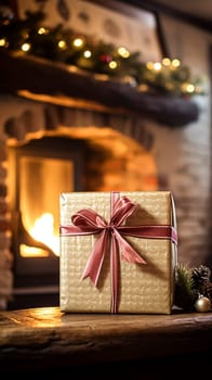 Christmas gift box near cosy fireplace in the English country cottage, winter holidays, boxing day celebration and holiday shopping inspiration