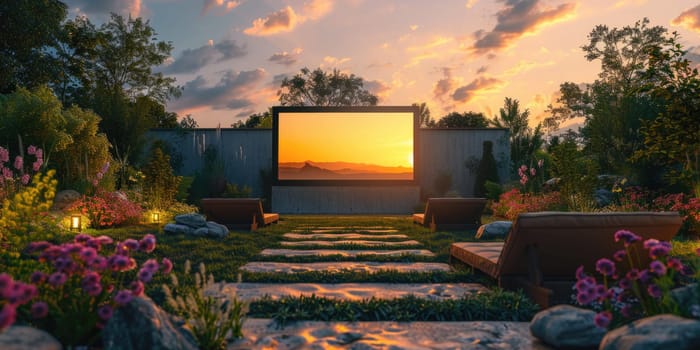 blank white screen outdoors. colorful bean bags in green grass park. outdoor cinema, big screen show. ai generated