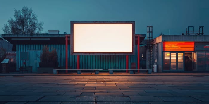 blank white screen outdoors. colorful bean bags in green grass park. outdoor cinema, big screen show. ai generated