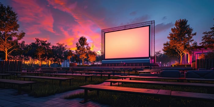 blank white screen outdoors. colorful bean bags in green grass park. outdoor cinema, big screen show. ai generated