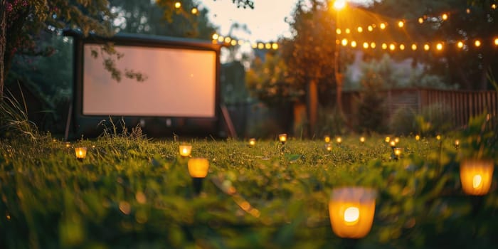 blurred blank white screen outdoors in grass park. outdoor cinema, big screen show, focus on foreground. selective focus. ai generated