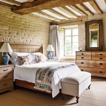 Cottage style bedroom decor, interior design and home decor, bed with elegant bedding and bespoke furniture, English country house or holiday rental interiors