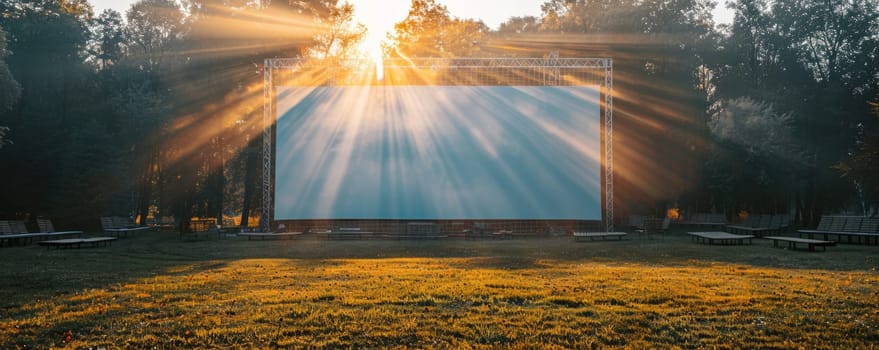 blank white screen outdoors. colorful bean bags in green grass park. outdoor cinema, big screen show. ai generated