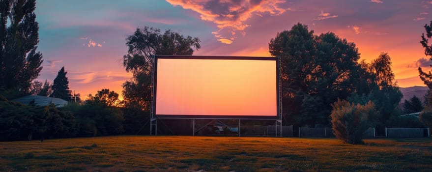 blank white screen outdoors. colorful bean bags in green grass park. outdoor cinema, big screen show. ai generated