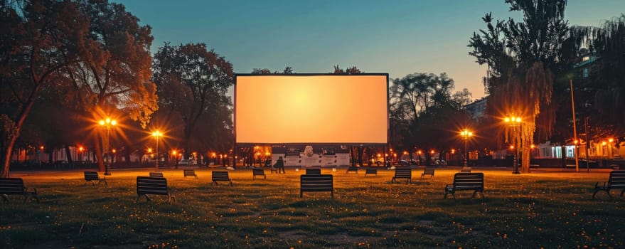 blank white screen outdoors. colorful bean bags in green grass park. outdoor cinema, big screen show. ai generated