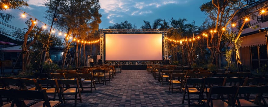 blank white screen outdoors. colorful bean bags in green grass park. outdoor cinema, big screen show. ai generated