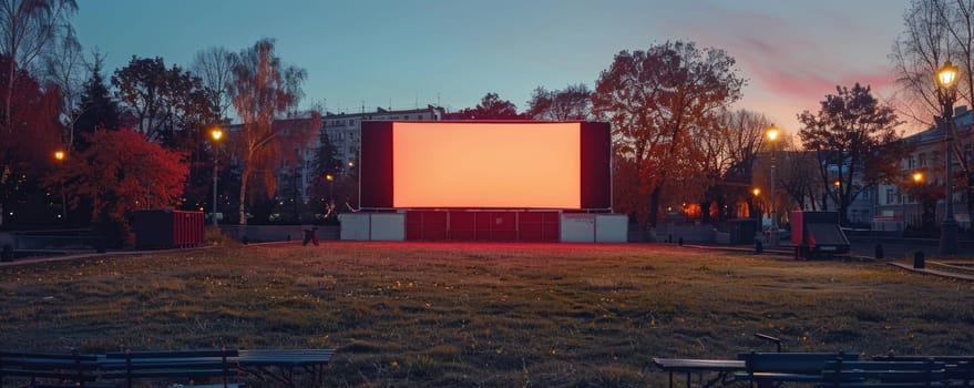 blank white screen outdoors. colorful bean bags in green grass park. outdoor cinema, big screen show. ai generated