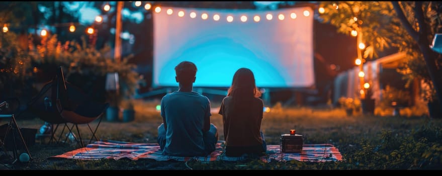 blank white screen outdoors. colorful bean bags in green grass park. outdoor cinema, big screen show. ai generated