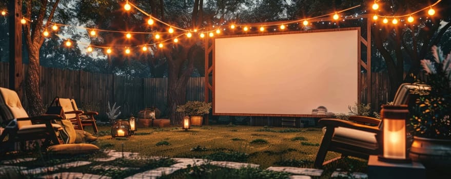 blank white screen outdoors. colorful bean bags in green grass park. outdoor cinema, big screen show. ai generated