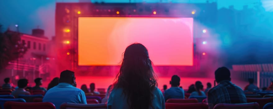 people watching outdoor cinema, big screen show. view from behind. ai generated