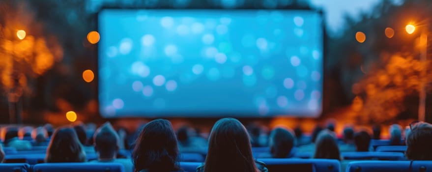 people watching outdoor cinema, big screen show. view from behind. ai generated