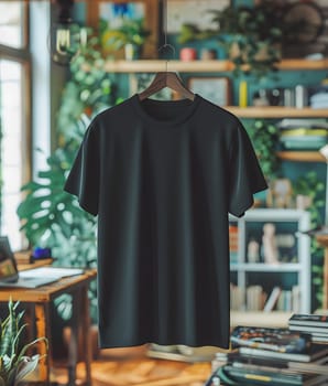 A black tshirt with an electric blue pattern is displayed on a clothes hanger in a living room. The fashion design is perfect for a city event or sportswear