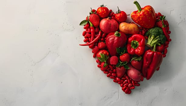 A heartshaped arrangement of red fruits and vegetables, showcasing the natural beauty of seedless fruit, berries, and plantbased ingredients on a white surface