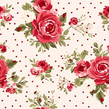 Seamless pattern, tileable floral country holiday print with roses, dots and flowers for wallpaper, wrapping paper, scrapbook, fabric and polka dot roses product design idea