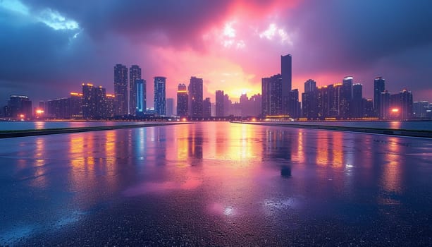 The perspective of the road against the background of sunset and the cityscape. High quality photo