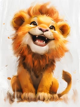 A young Felidae with whiskers resembling a lion cub is cheerfully seated with its mouth agape, resembling a happy expression, similar to a stuffed toy