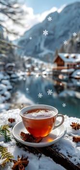 A cup of tea, placed on a saucer, sits elegantly in the snow. The liquid in the cup contrasts with the icy landscape, creating a peaceful and serene scene
